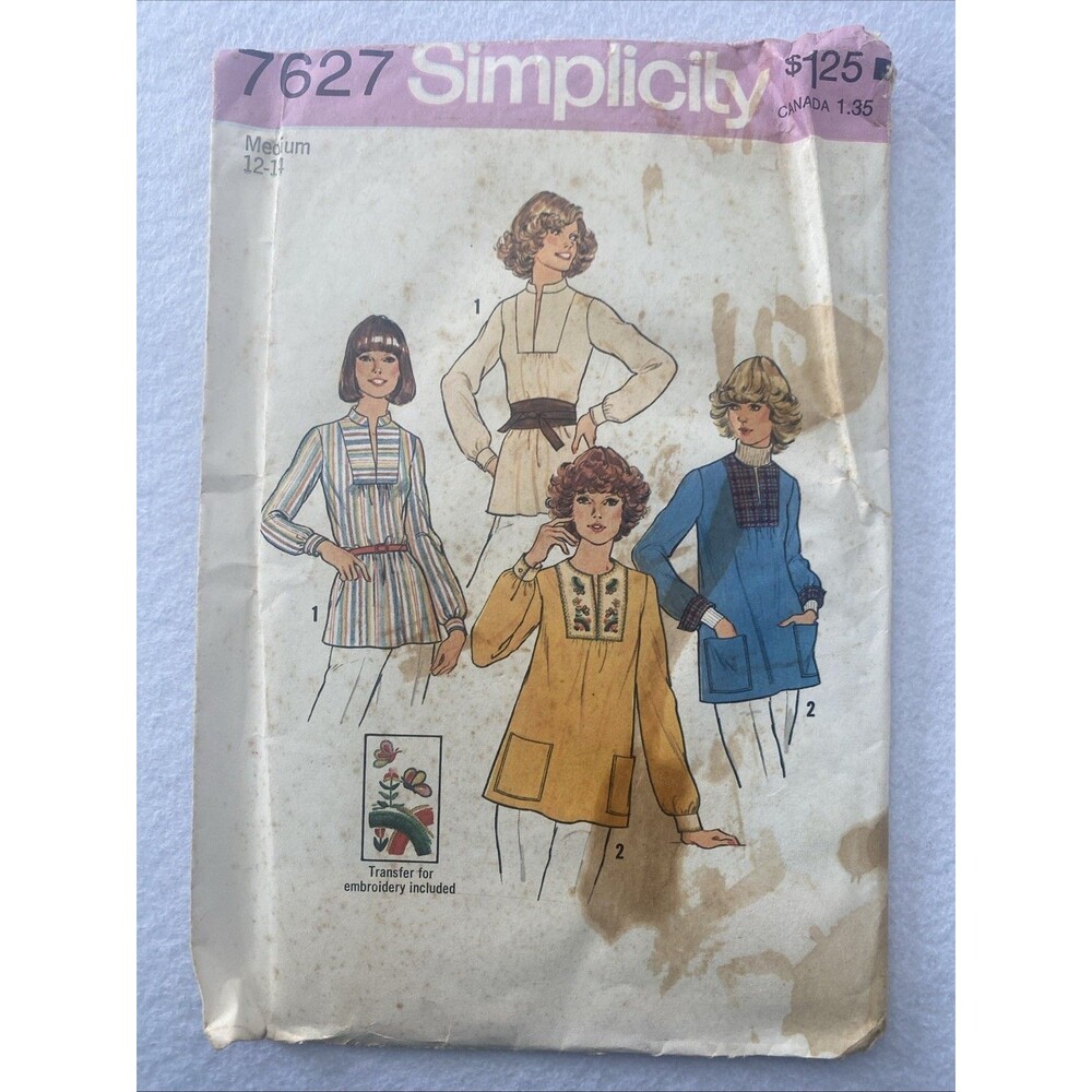 #7627 Simplicity Pattern Peasant Top w/ Embroidery Transfer Size 12-14 UNCUT VTG